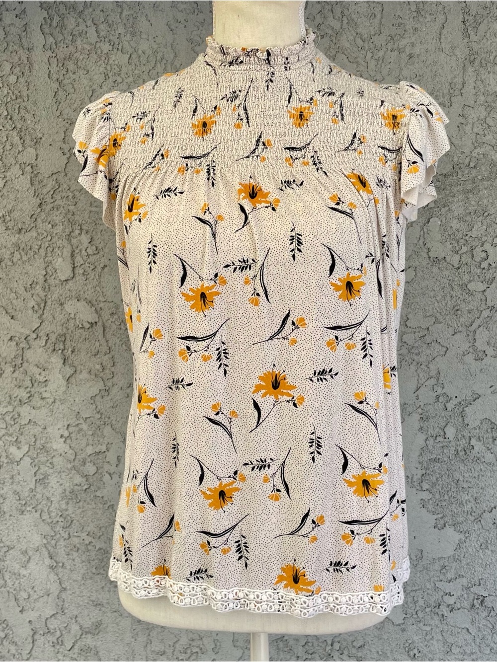Rewind Top Smocked High Neck Blouse Flutter Sleeve Womens size Small - Picture 2 of 11